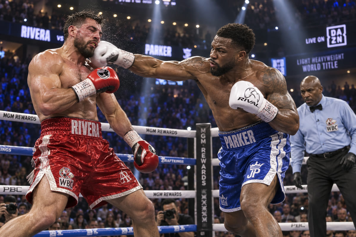 Two boxers trading punches in a boxing ring under bright arena lights