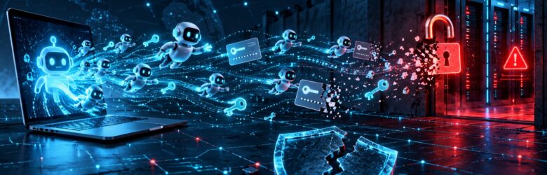 Conceptual illustration of autonomous AI agents exploiting exposed credentials to reach a secured server room, with a cracked shield in the foreground