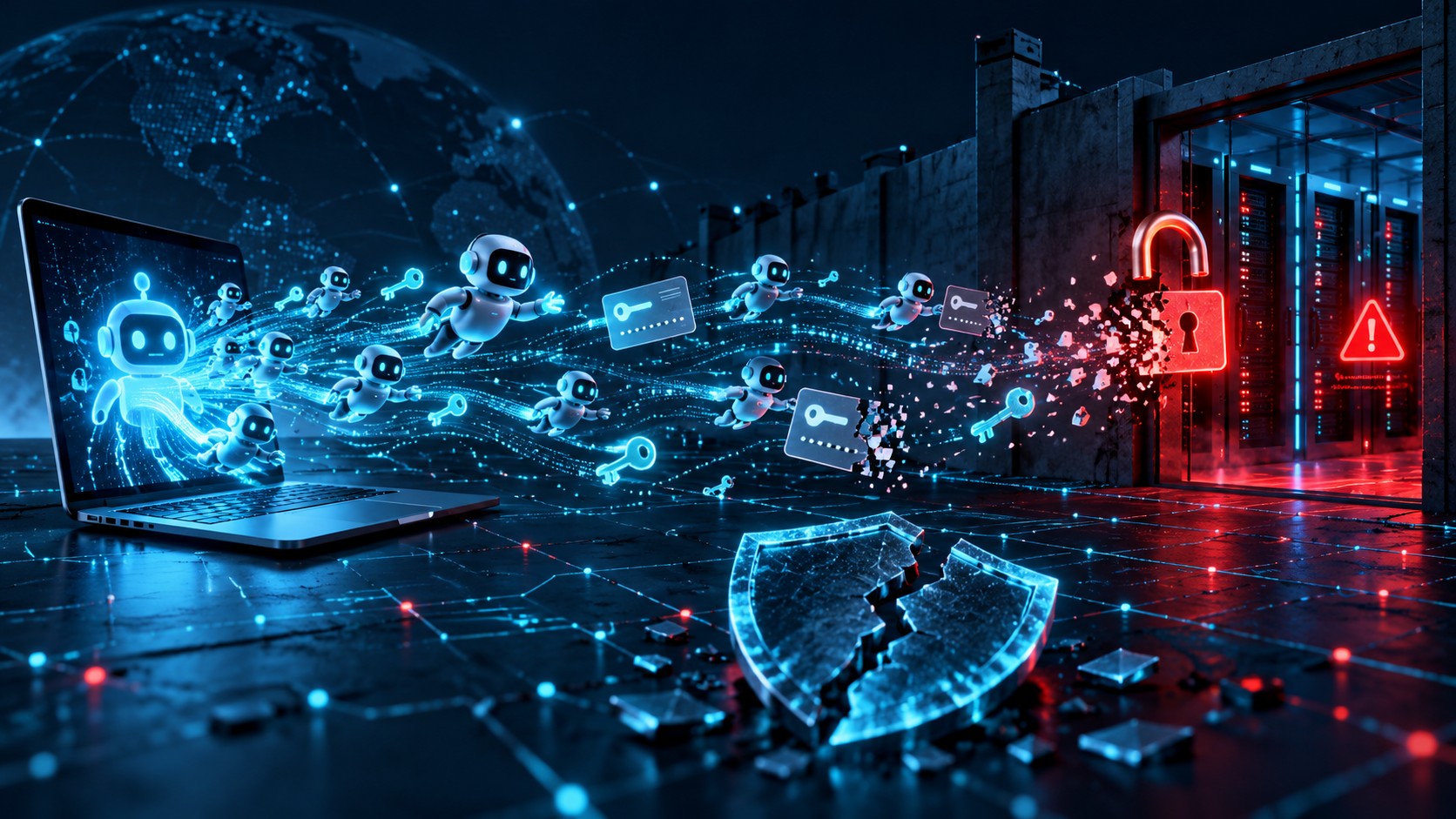 Conceptual illustration of autonomous AI agents reaching into a secured server room through exposed credentials, with a cracked shield in the foreground