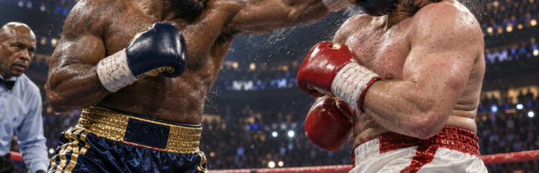 Two heavyweight boxers trading punches in a brightly lit boxing ring