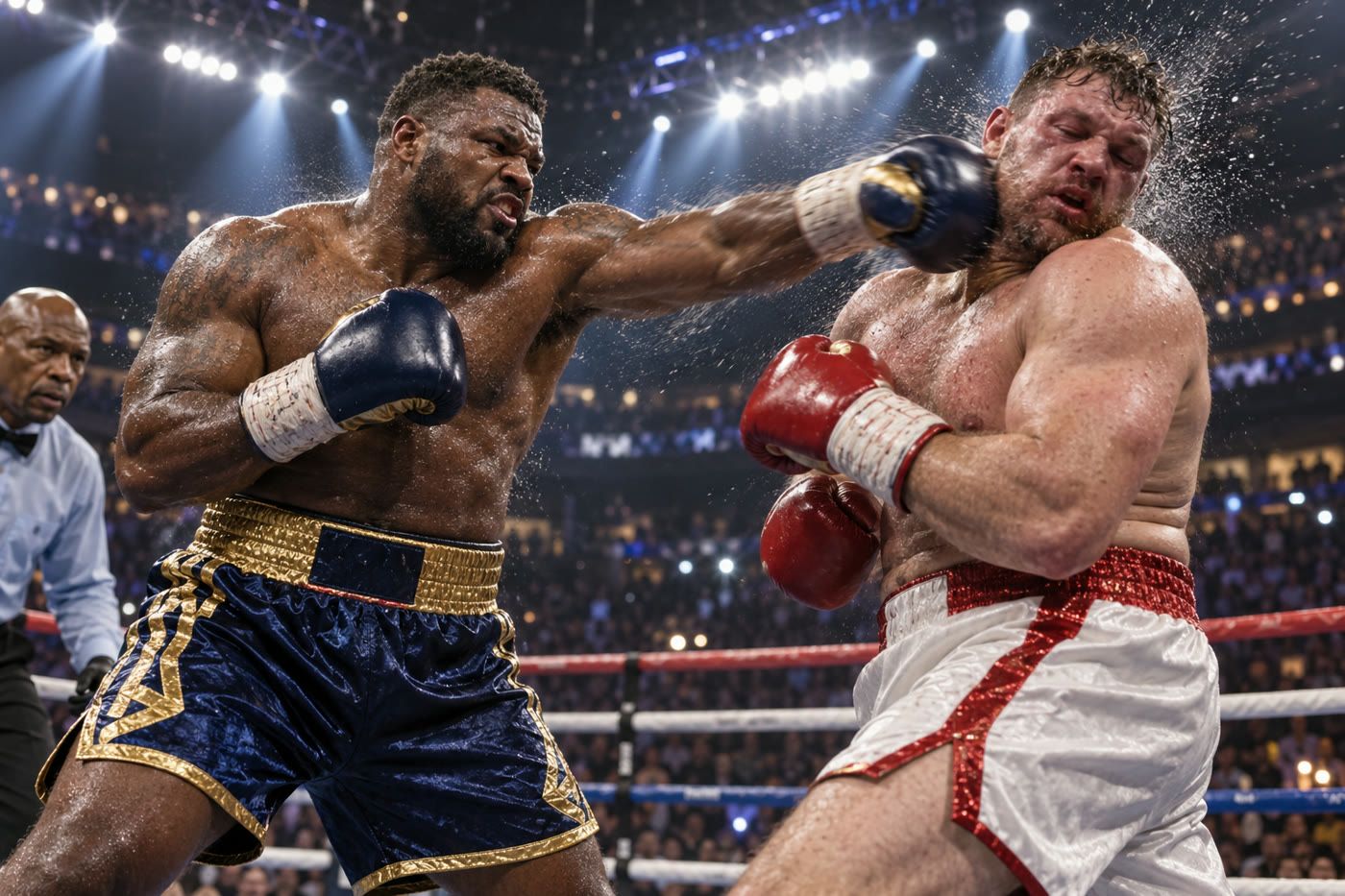 Two heavyweight boxers trading punches in a brightly lit boxing ring
