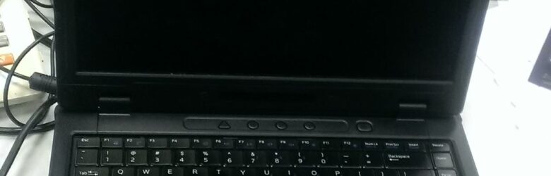 Rugged laptop computer displayed on a stand
