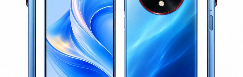 HUAWEI Enjoy 100 Pro Max in Azure Ocean blue, large flat display with centered punch-hole, large circular camera island with a red accent ring