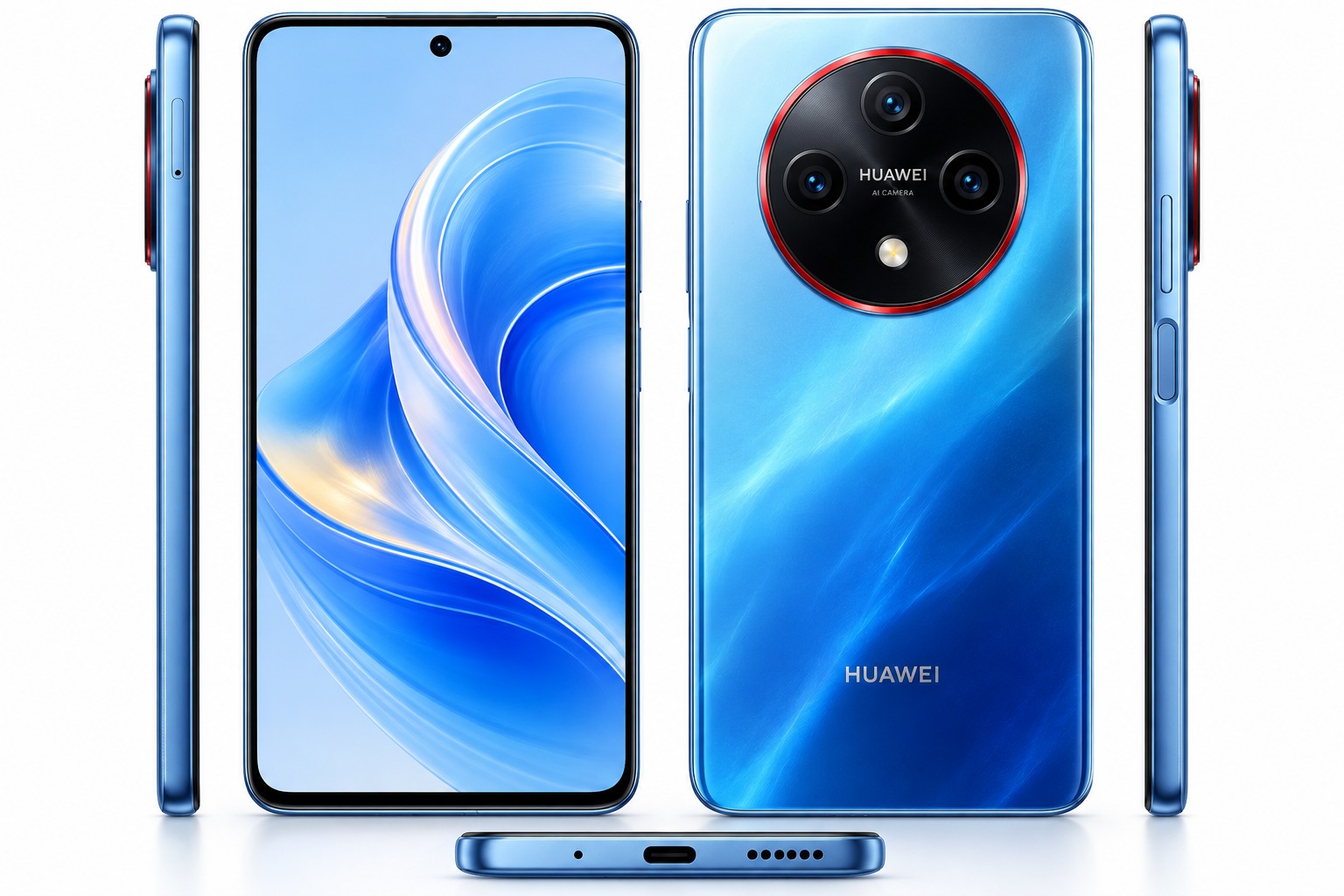 HUAWEI Enjoy 100 Pro Max in Azure Ocean blue, large flat display with centered punch-hole, large circular camera island with a red accent ring