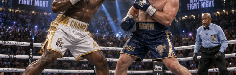 Two boxers trading punches in a boxing ring under arena lights