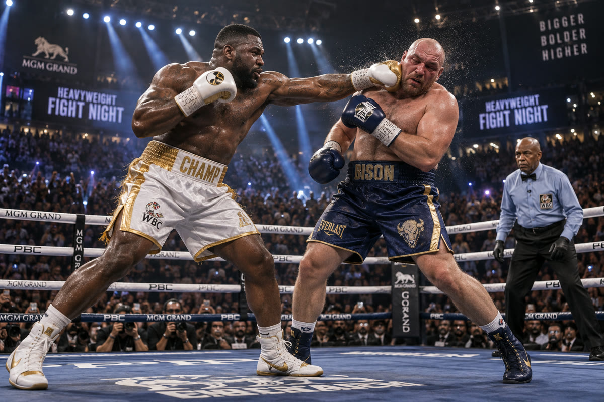 Two heavyweight boxers trading punches in a boxing ring under arena lights