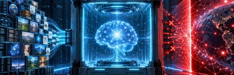Conceptual illustration of AI models trained in an offline sandbox, separated from the live internet by a containment barrier with server racks in the background