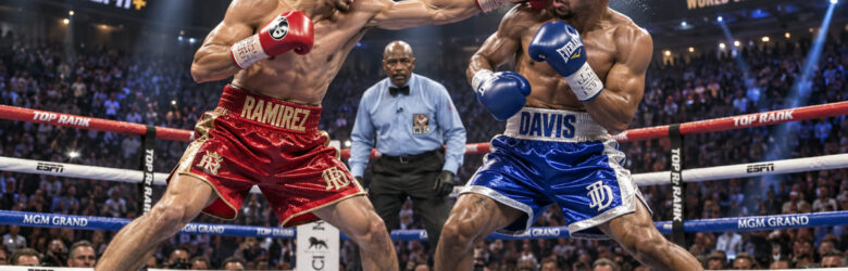 Two lightweight boxers trading punches in a boxing ring under arena lights