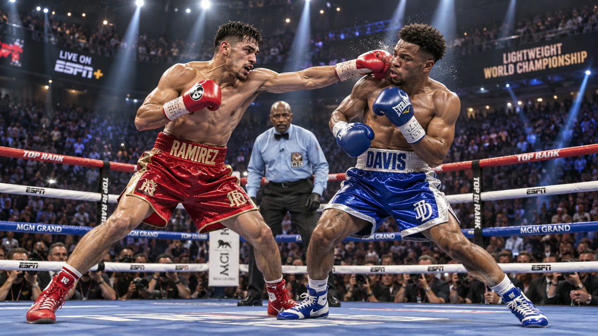 Two lightweight boxers trading punches in a boxing ring under arena lights