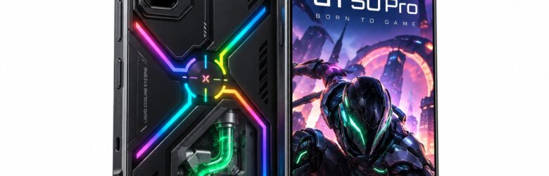 Infinix GT 50 Pro Black Abyss gaming phone with RGB LED strips and liquid cooling window