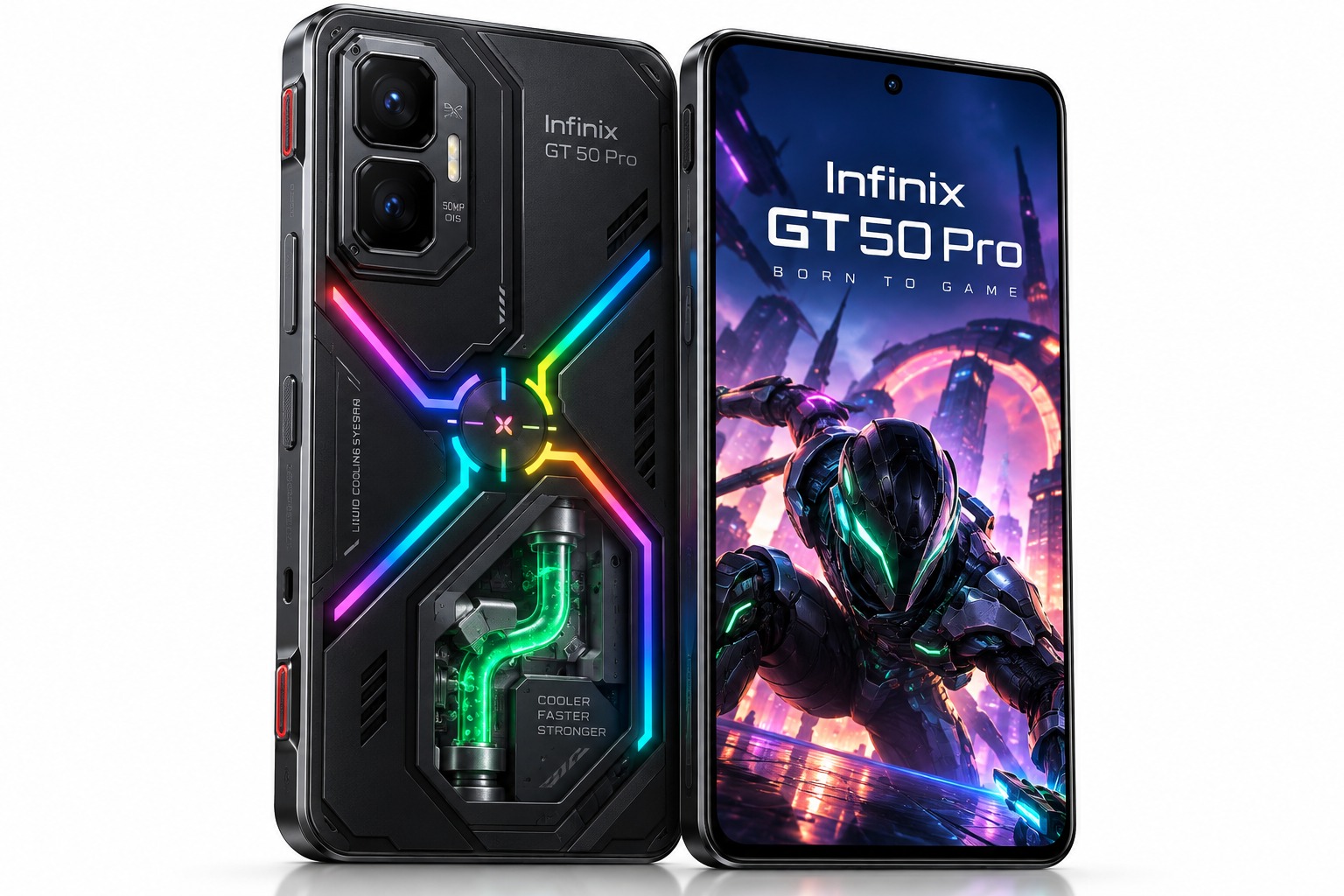 Infinix GT 50 Pro Black Abyss gaming phone with RGB LED strips and liquid cooling window
