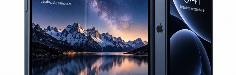 Apple iPhone Duo foldable smartphone, Night Sky titanium, partially open showing both displays