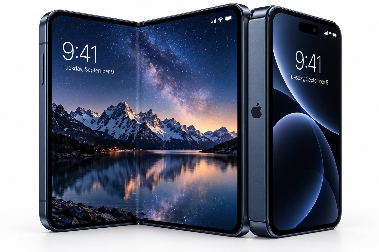 Apple iPhone Duo foldable smartphone, Night Sky titanium, partially open showing both displays