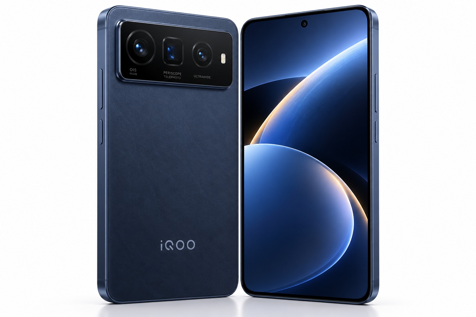 iQOO 16 Dark Blue variant featuring the horizontal camera module with triple 50MP rear cameras