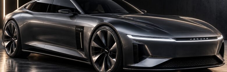Jaguar Type 01 electric grand tourer, sleek low-slung four-door fastback with ultra-long bonnet and 23-inch wheels