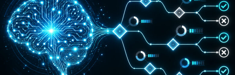 AI neural network connected to decision tree flowchart with probability scores