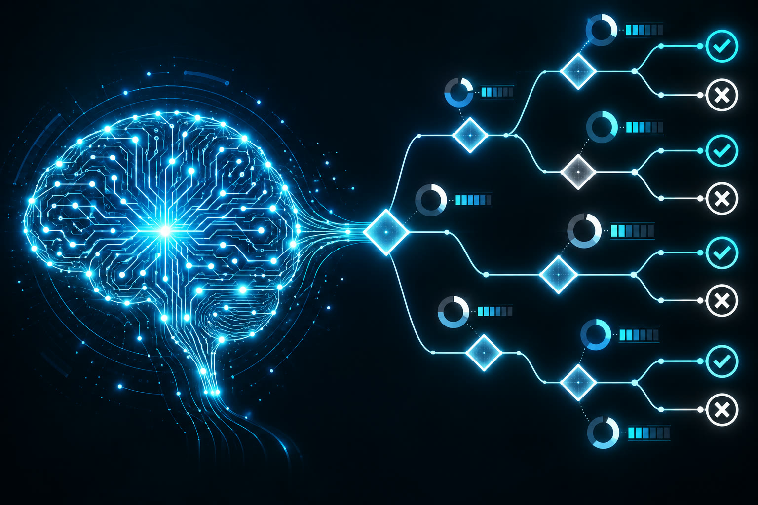 AI neural network connected to decision tree flowchart with probability scores