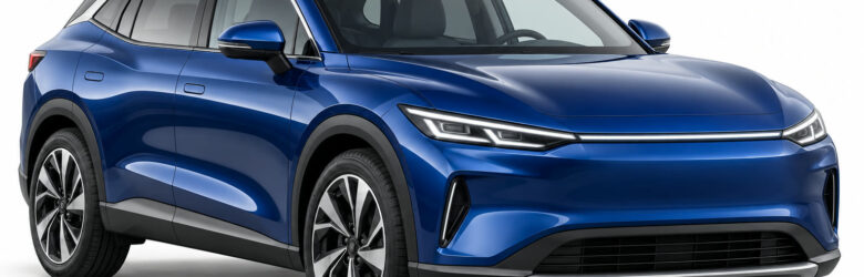 Modern compact electric SUV in metallic deep blue, studio product photo