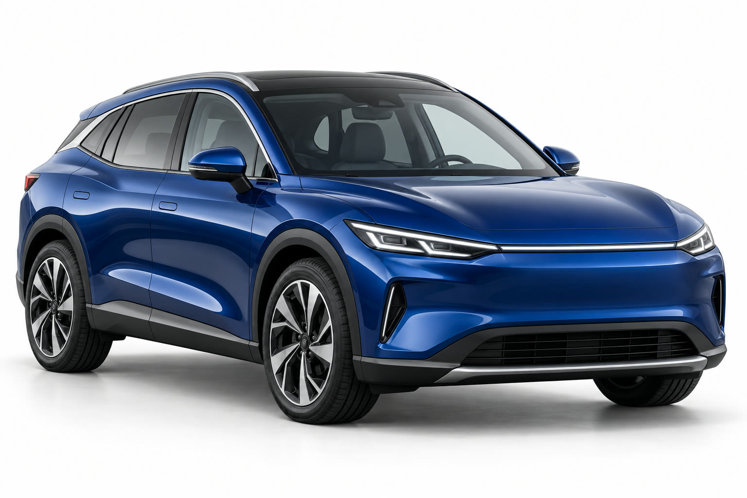 Modern compact electric SUV in metallic deep blue, studio product photo