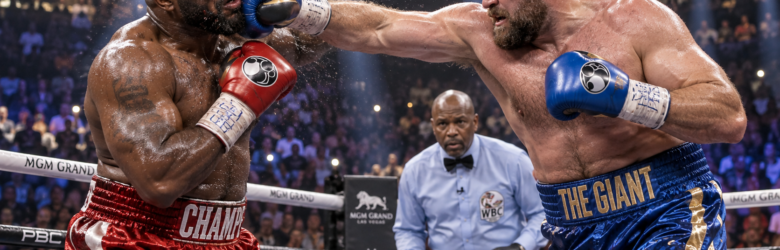 Two heavyweight boxers trading punches in a boxing ring under arena lights