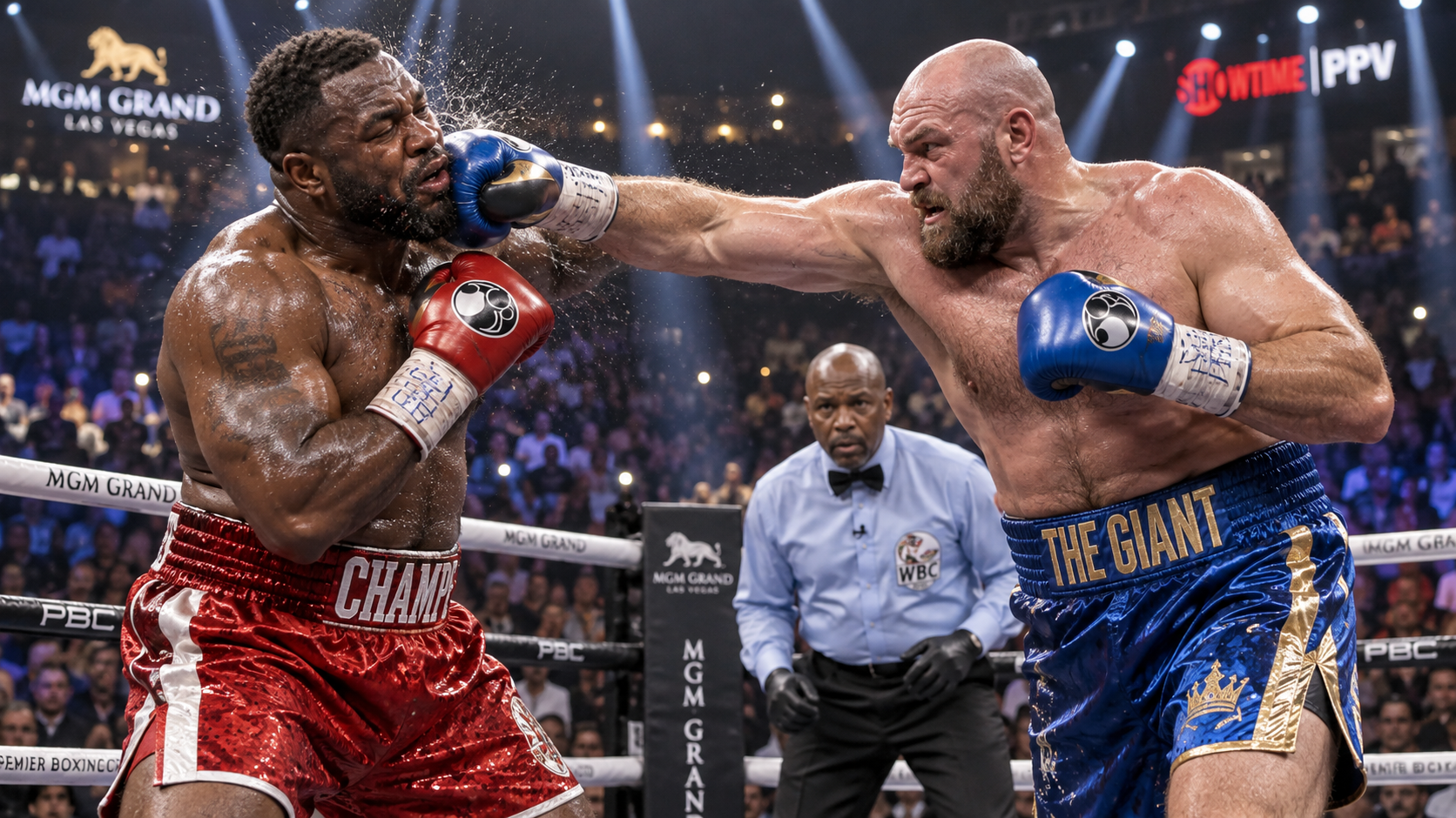Two heavyweight boxers trading punches in a boxing ring under arena lights