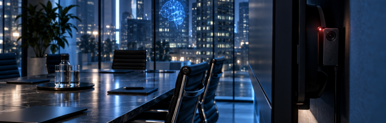 Conceptual illustration of a hidden recording device in a corporate conference room