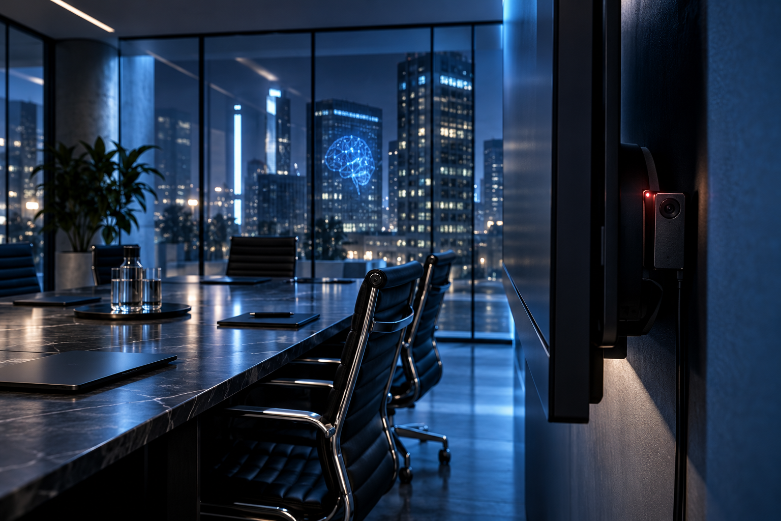Conceptual illustration of a hidden recording device in a corporate conference room