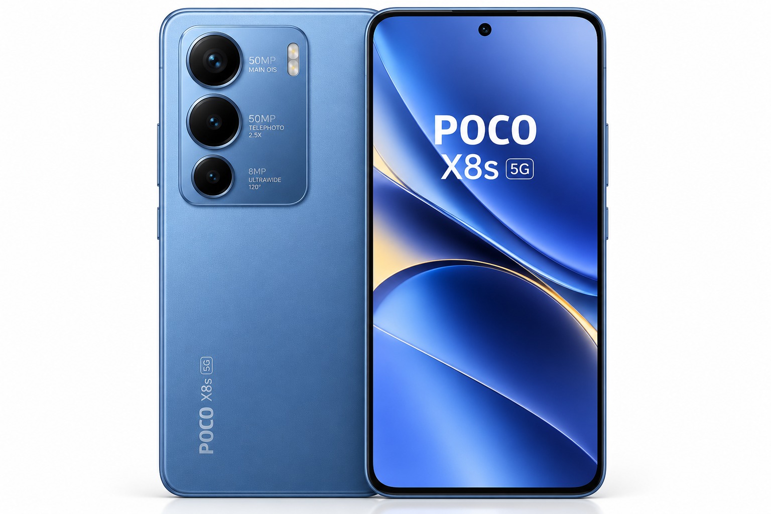 Poco X8s product shot on white studio background - Blue variant, showing flat 6.35-inch display and triple camera module