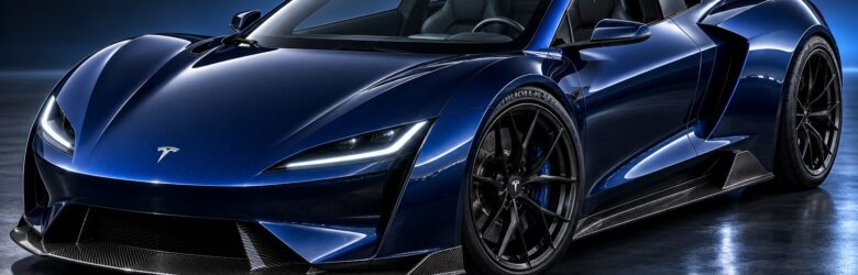 Tesla Roadster 2026 electric sports car in deep metallic midnight blue, low-slung wedge profile with sharp LED headlights and carbon fiber accents