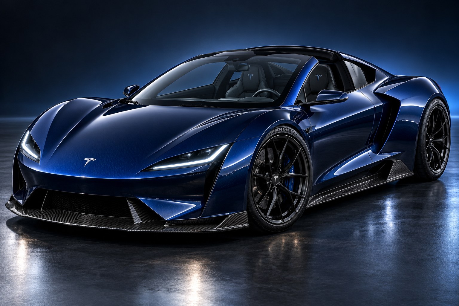 Tesla Roadster 2026 electric sports car in deep metallic midnight blue, low-slung wedge profile with sharp LED headlights and carbon fiber accents