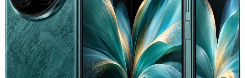 Vivo X Fold 6 foldable smartphone in Nebula Teal, partially unfolded showing inner and cover displays