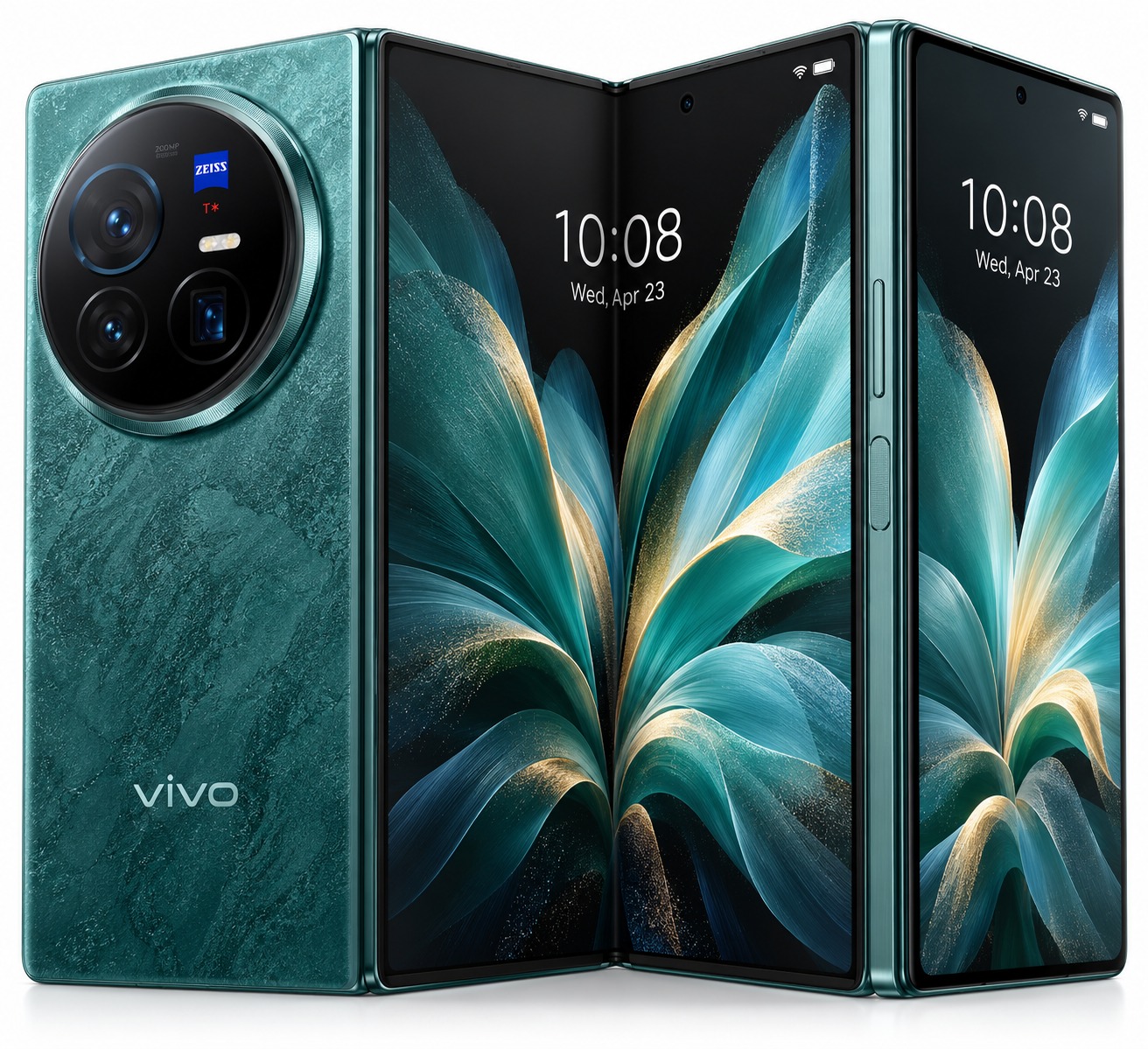 Vivo X Fold 6 foldable smartphone in Nebula Teal, partially unfolded showing inner and cover displays
