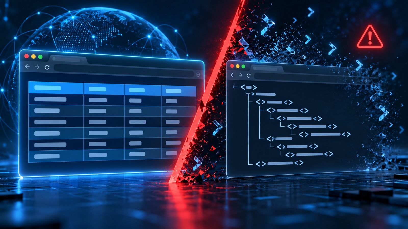 Two browser windows side by side, one rendering a tidy styled table and one showing the same data as a raw unstyled XML tag tree, separated by a red removal slash